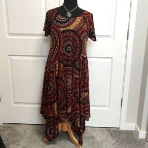 Robbie Bee Asymmetrical Dress in Rich Burgundy and Tan